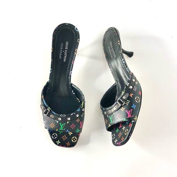 Louis Vuitton x Murakami Logo Multicolored Slip On Kitten Heel Mules Sandals 37 - Picture 1 of 8